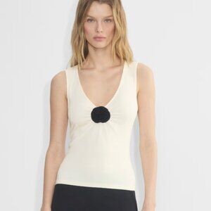 Aritzia Wilfred GoodLux Bloom Sleeveless White V-Neck Top w/ Black Rosette, M